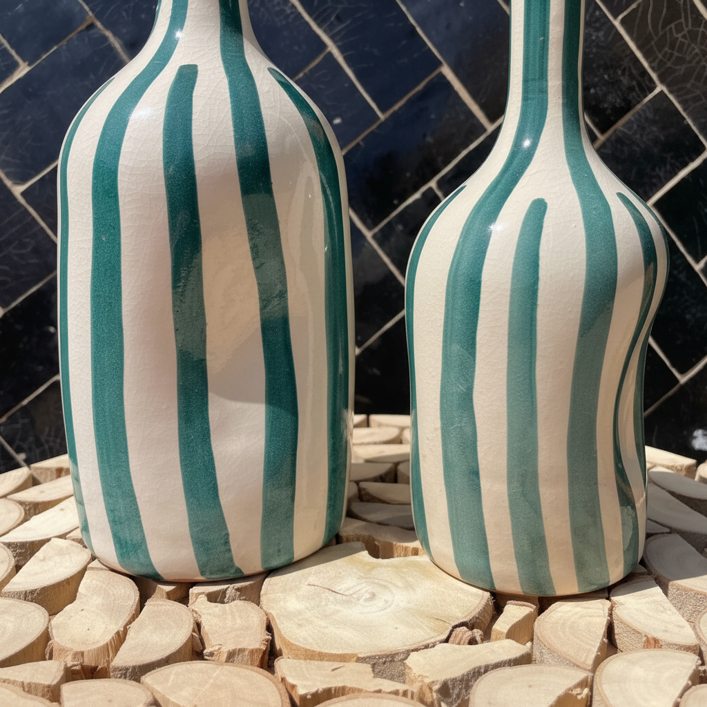 Handmade Ceramic Vase – Green Striped Modern Pottery Bottle