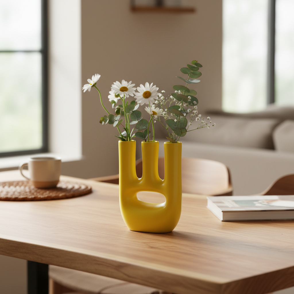 Handmade Ceramic Vase – Modern Yellow Triple-Neck Sculptural Vase