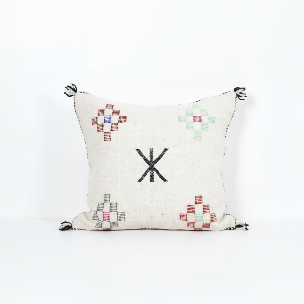 Handwoven Berber-Inspired Moroccan Pillow Cover with Geometric Embroidery & Tassels