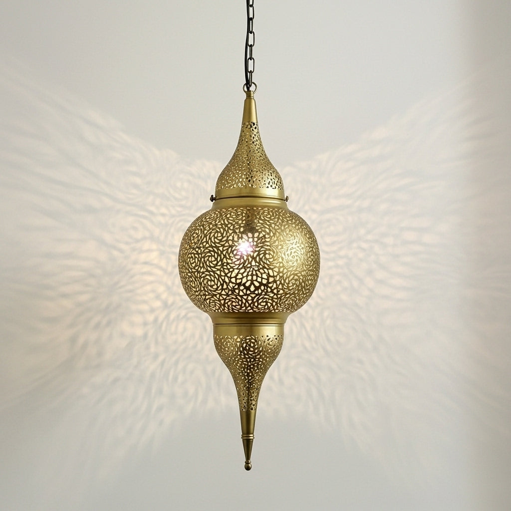 Moroccan Brass Pendant Light – Perforated Hanging Lantern Ceiling Lamp