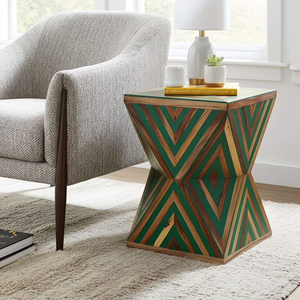Handcrafted Geometric Green Wood Side Table