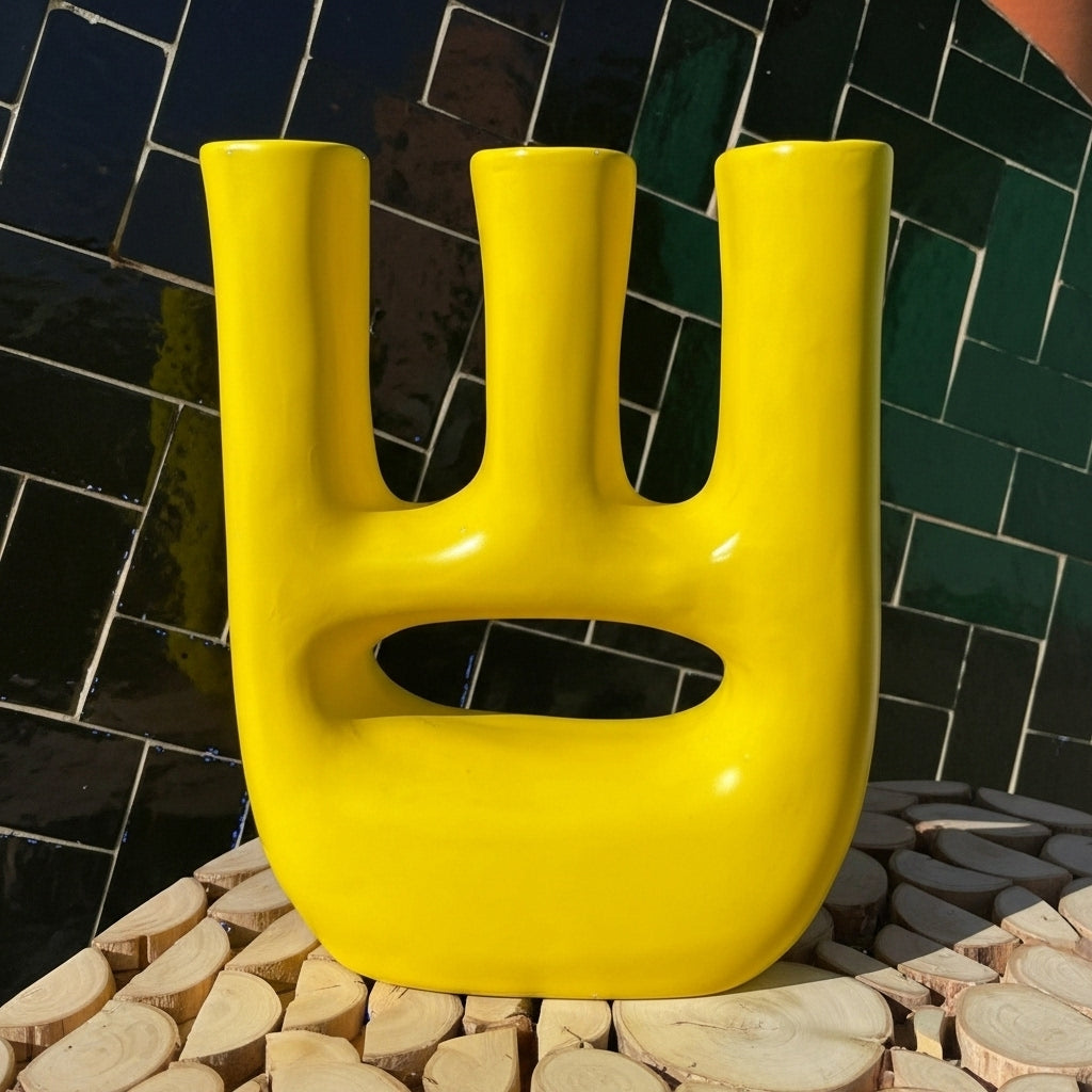 Handmade Ceramic Vase – Modern Yellow Triple-Neck Sculptural Vase