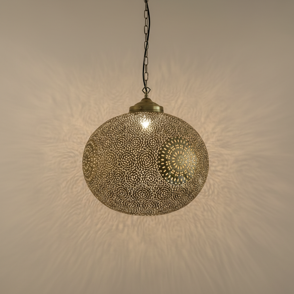 Ornate Brass Pendant Light – Perforated Globe Ceiling Lamp with Ambient Shadow Effect