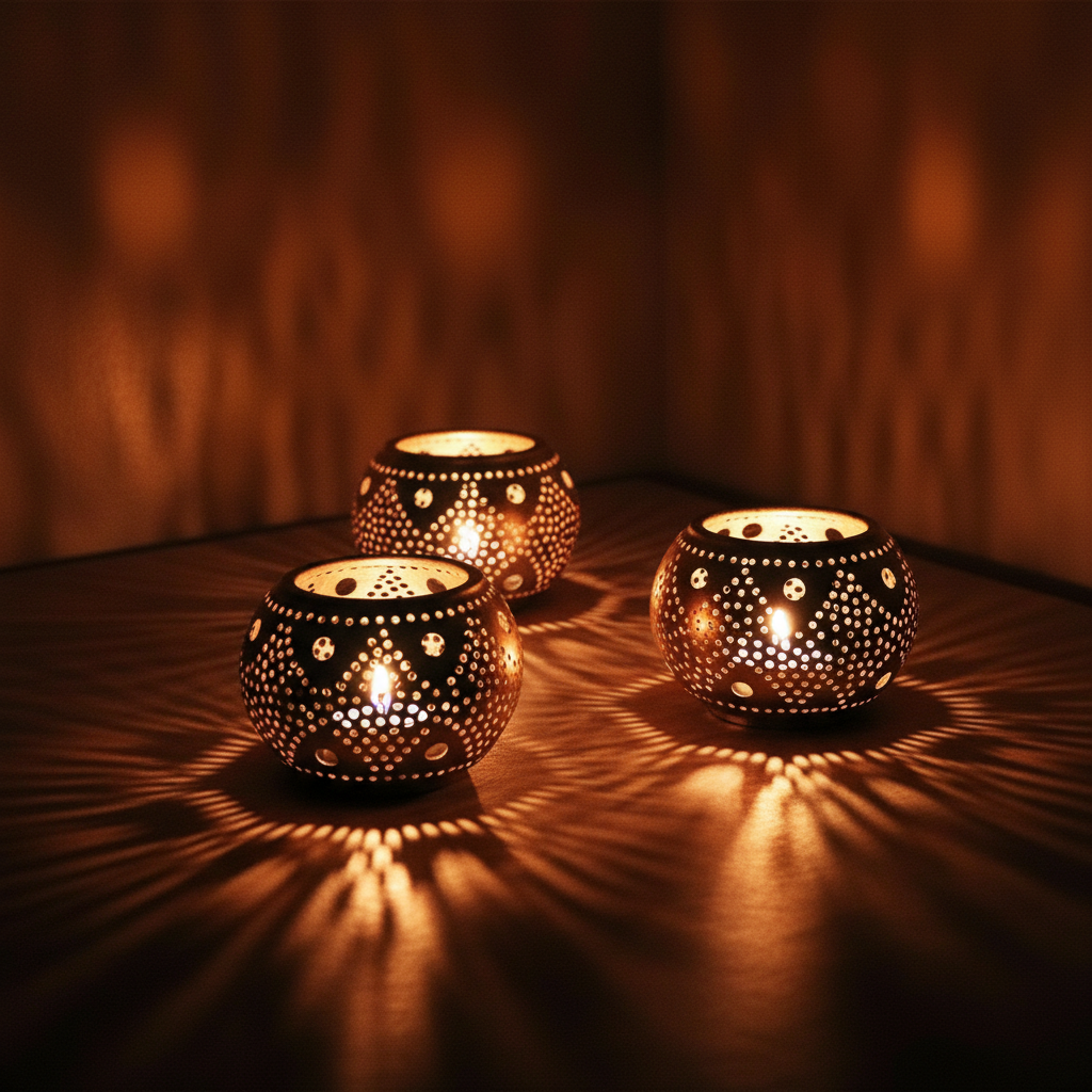 Set of 3 Moroccan Brass Candle Holder with Oriental Design