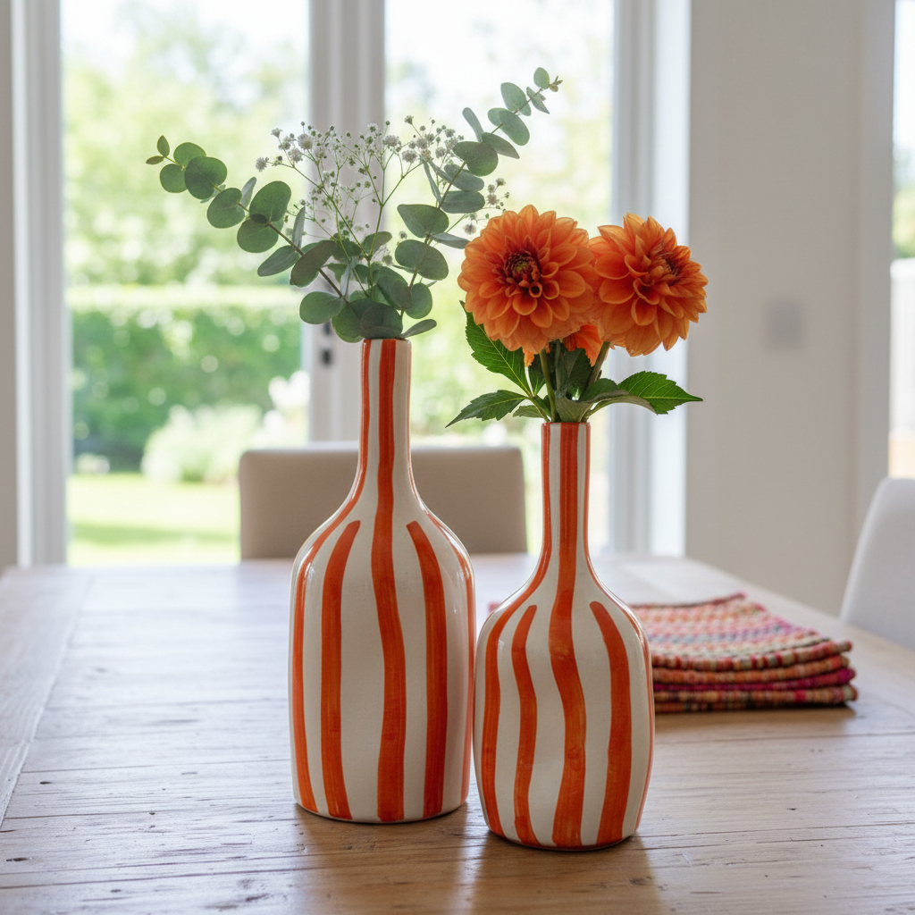 Handmade Ceramic Vase – Modern Orange Striped Pottery Bottle Décor