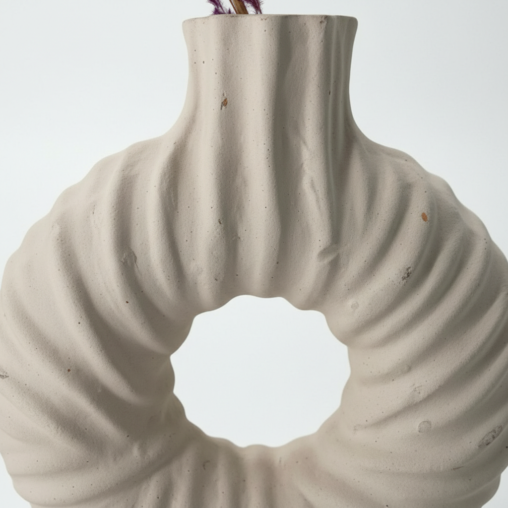 Handmade Ceramic Vase – Textured Sculptural Donut Vase in Neutral Tone