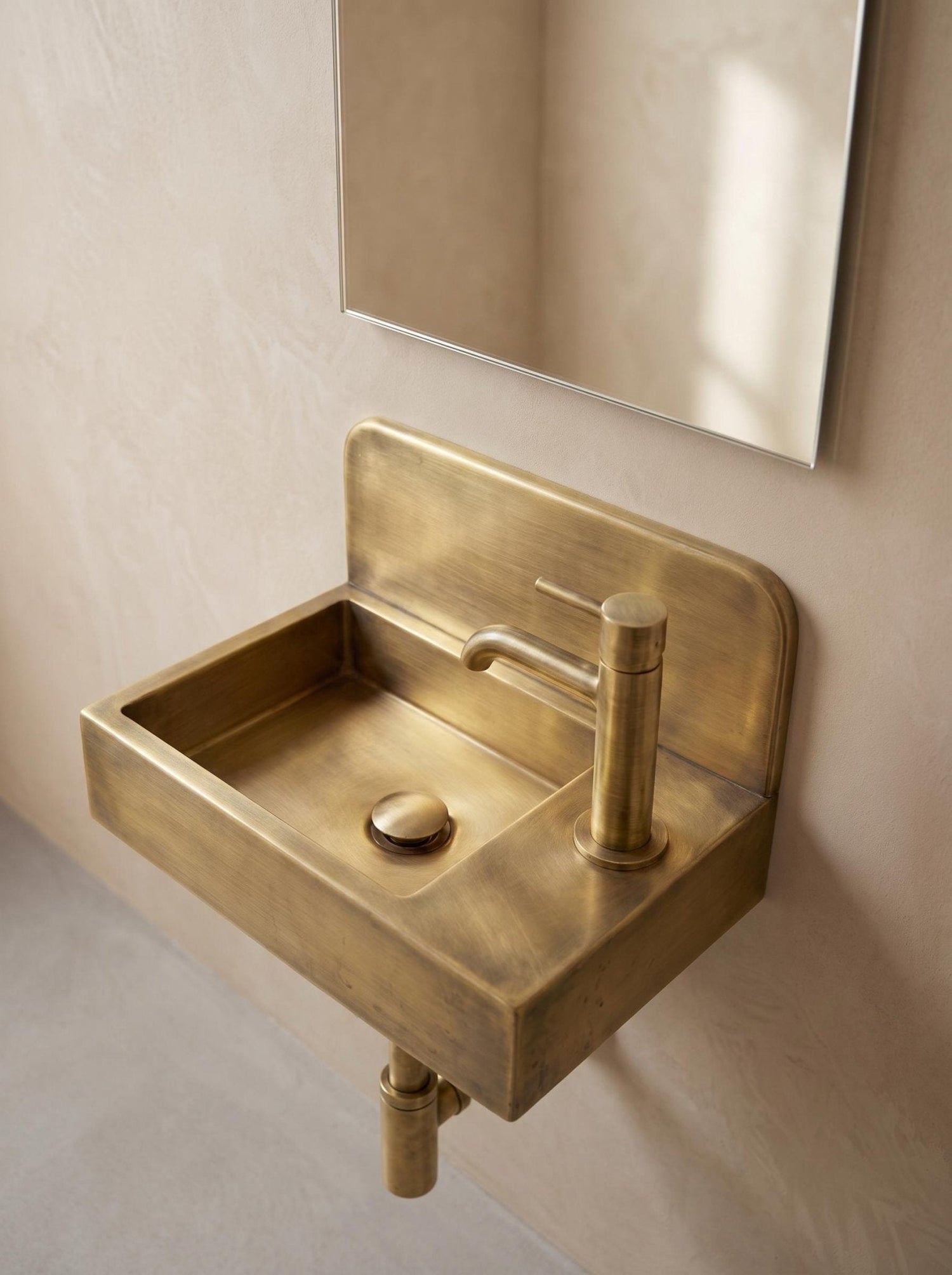 Aged Brass Wall Mounted Sink, Handmade Bathroom Basin, Luxury Powder Room Sink With Faucet & Bottle Trap Space Powder Room Sink