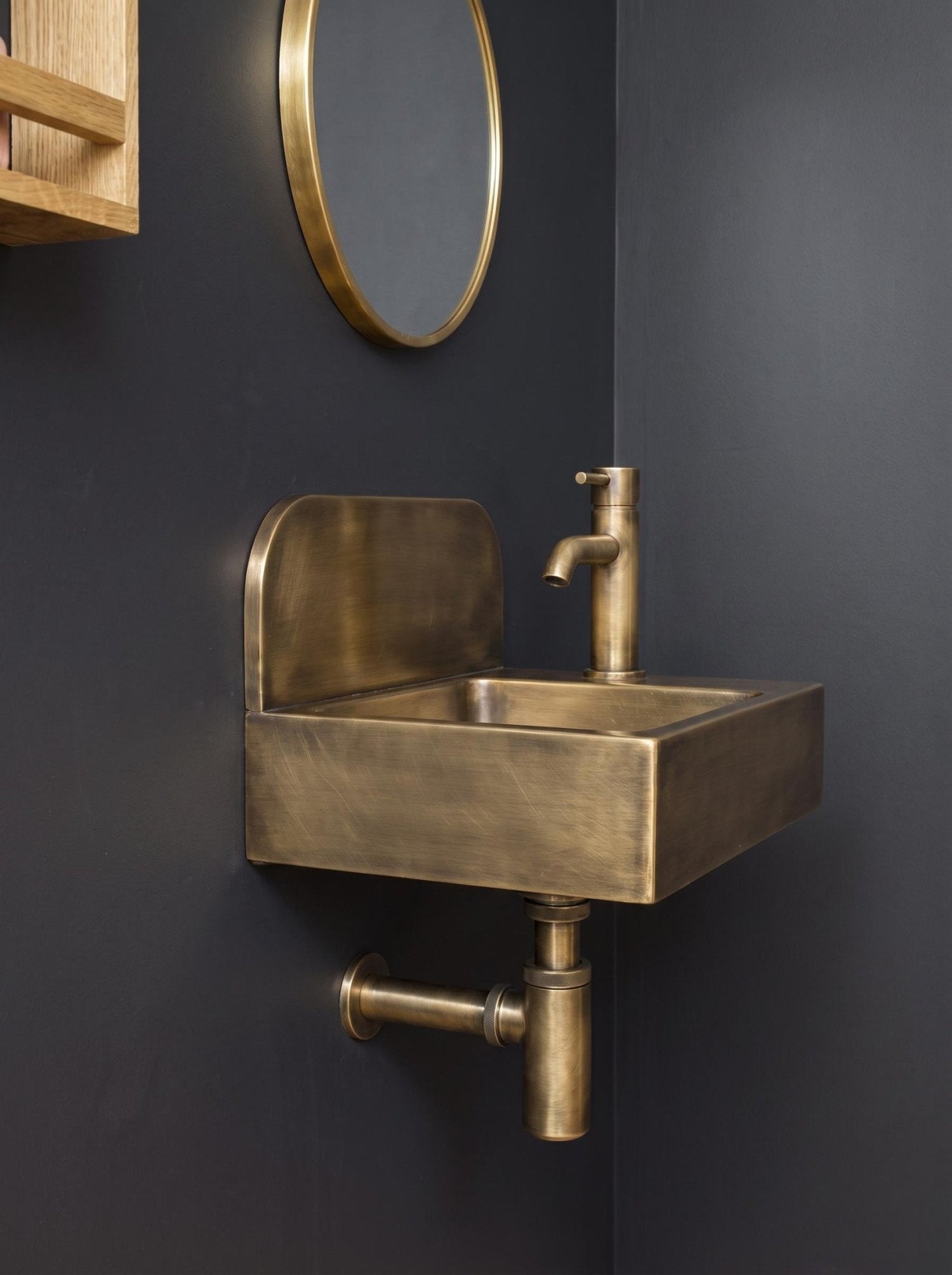 Aged Brass Wall Mounted Sink, Handmade Bathroom Basin, Luxury Powder Room Sink With Faucet & Bottle Trap Space Powder Room Sink