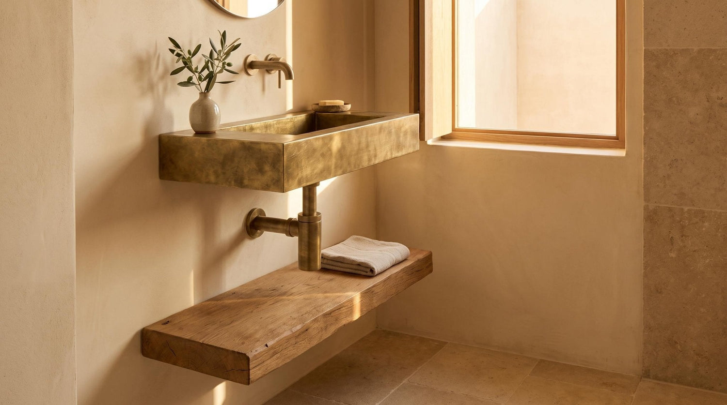 Aged Brass Wall Mounted Sink, Handmade Rectangular Bathroom Basin, Luxury Powder Room Sink With Faucet & Bottle Trap