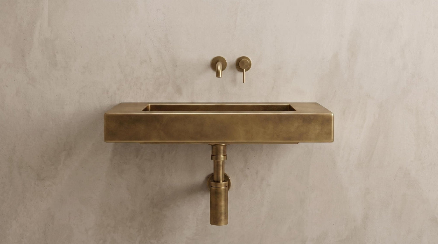Aged Brass Wall Mounted Sink, Handmade Rectangular Bathroom Basin, Luxury Powder Room Sink With Faucet & Bottle Trap