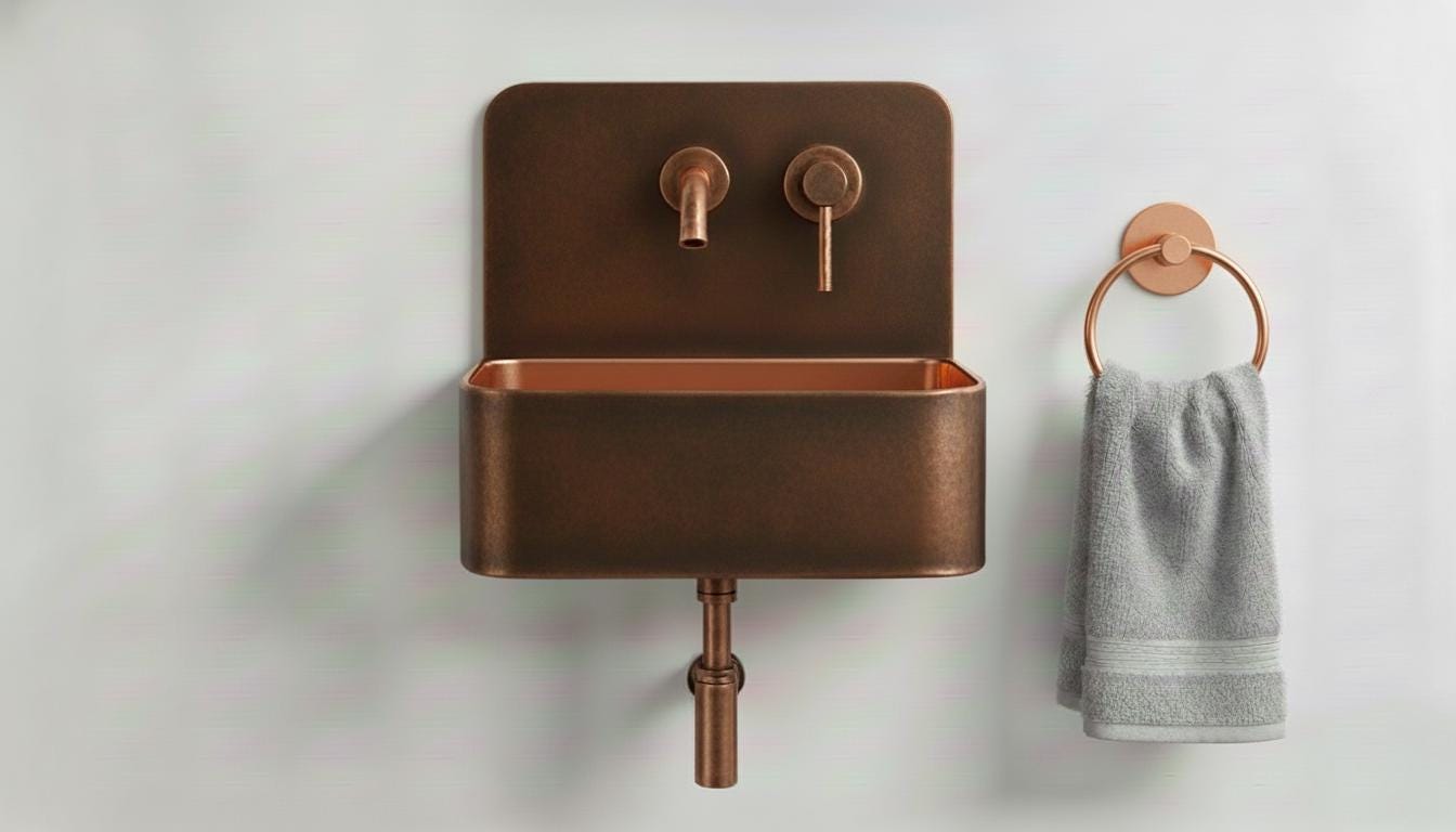 Aged Copper & Rose Gold Wall Mounted Sink - Handcrafted Floating Bathroom Basin - Modern Farmhouse Decor