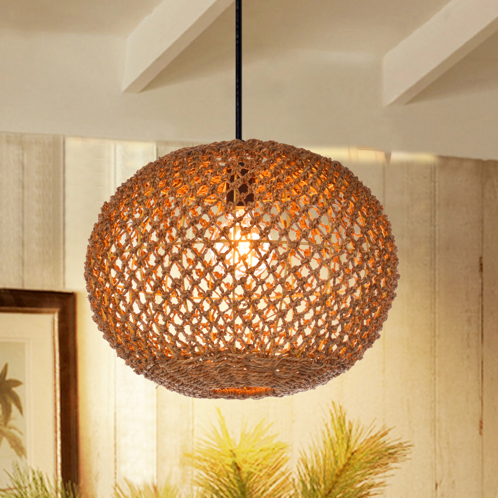Antigua Flat Round Wicker Pendant Light