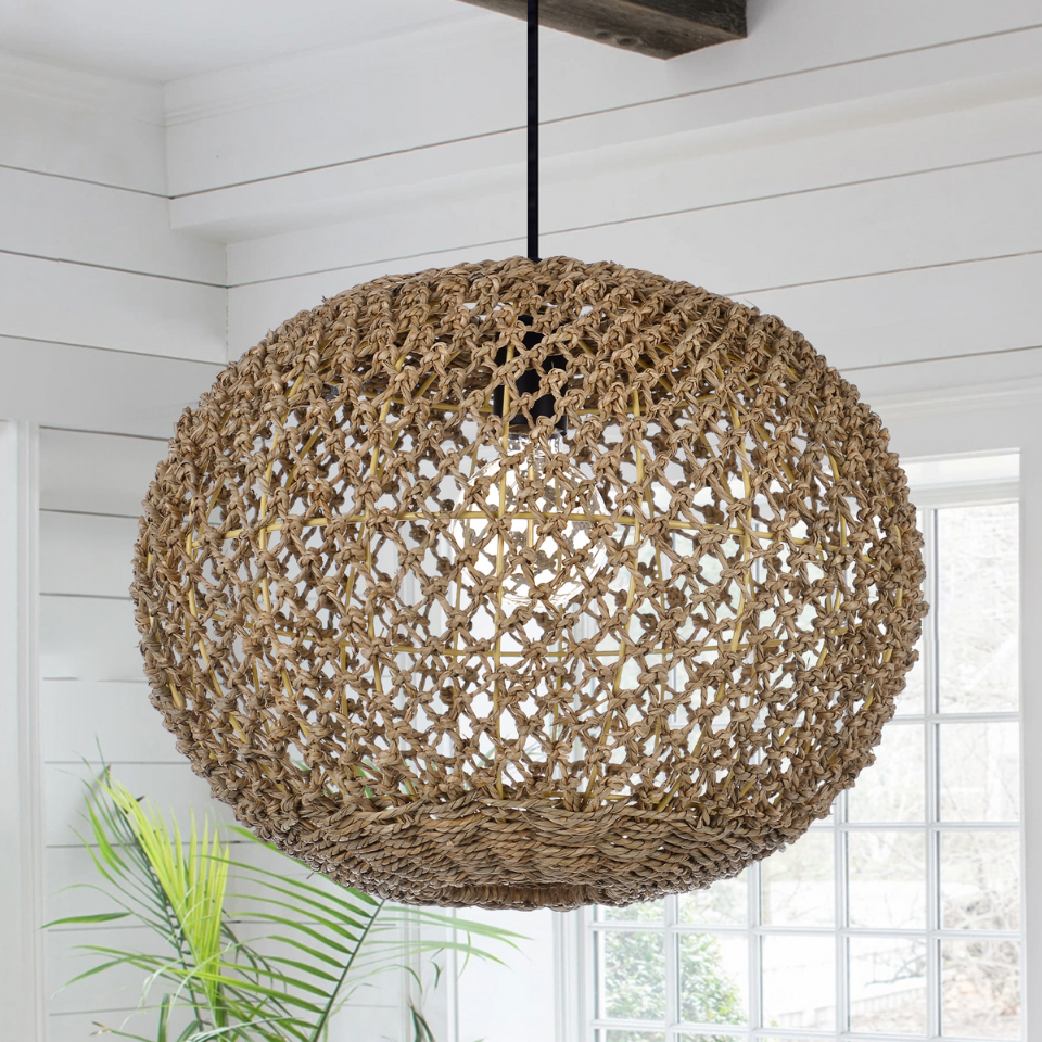 Antigua Flat Round Wicker Pendant Light