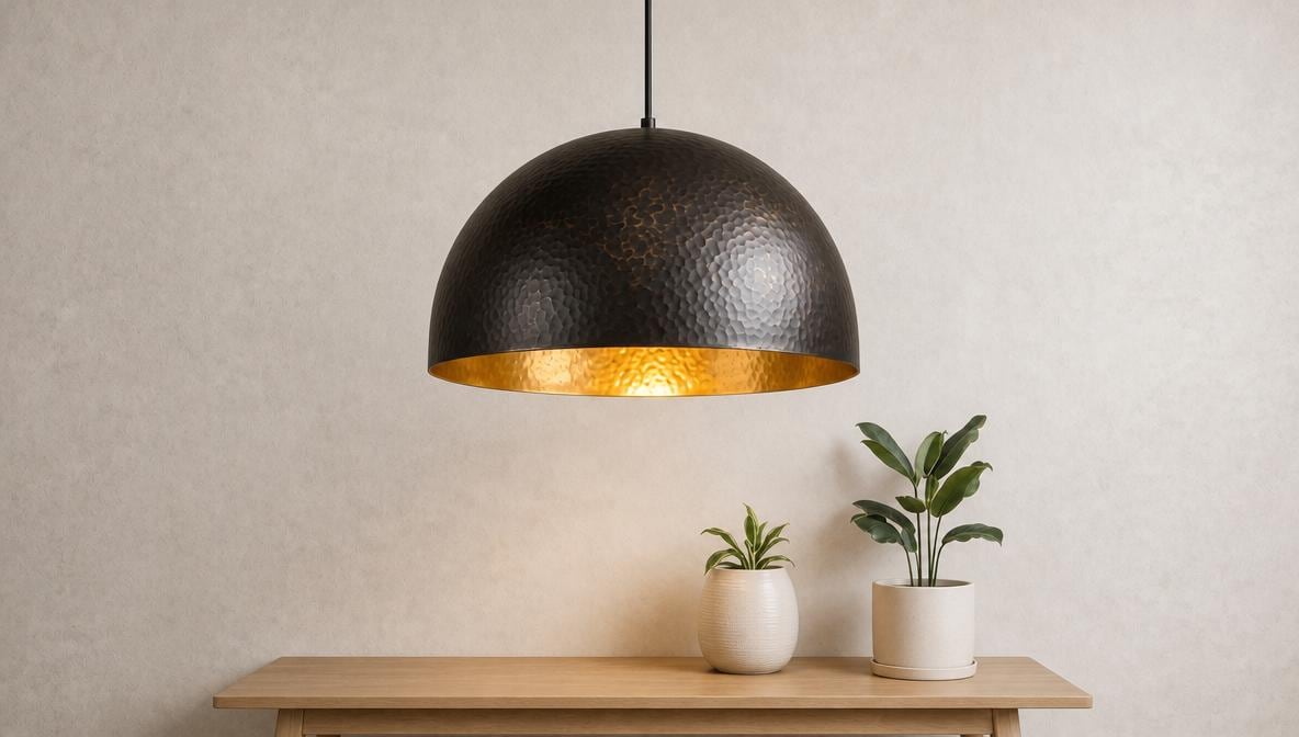 Antique Brass Dome Ceiling Lamp, Black Hammered Brass Pendant Light, Gold Interior Kitchen Island Fixture, Moody Modern Boho Hanging Light