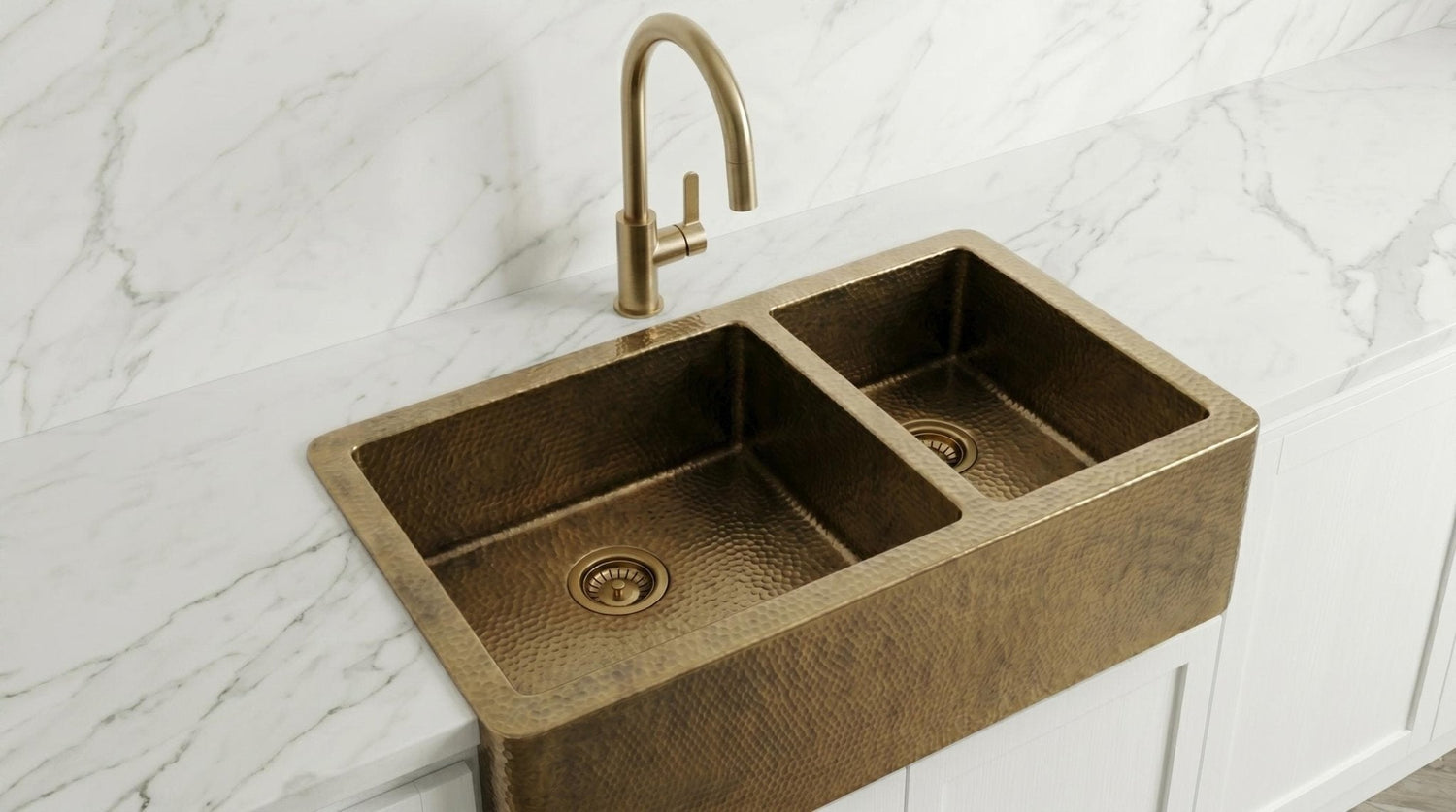 Antique Brass Farmhouse Sink - Double Bowl Hammered Brass Kitchen Sink - Custom Apron Front Kitchen Basin - Handcrafted Luxury Metal Sink