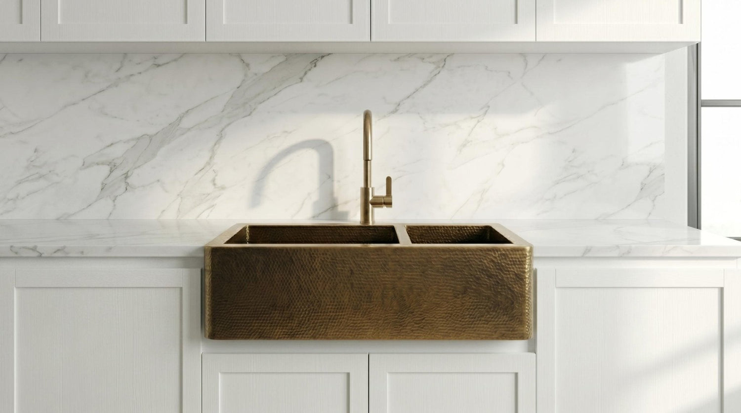 Antique Brass Farmhouse Sink - Double Bowl Hammered Brass Kitchen Sink - Custom Apron Front Kitchen Basin - Handcrafted Luxury Metal Sink