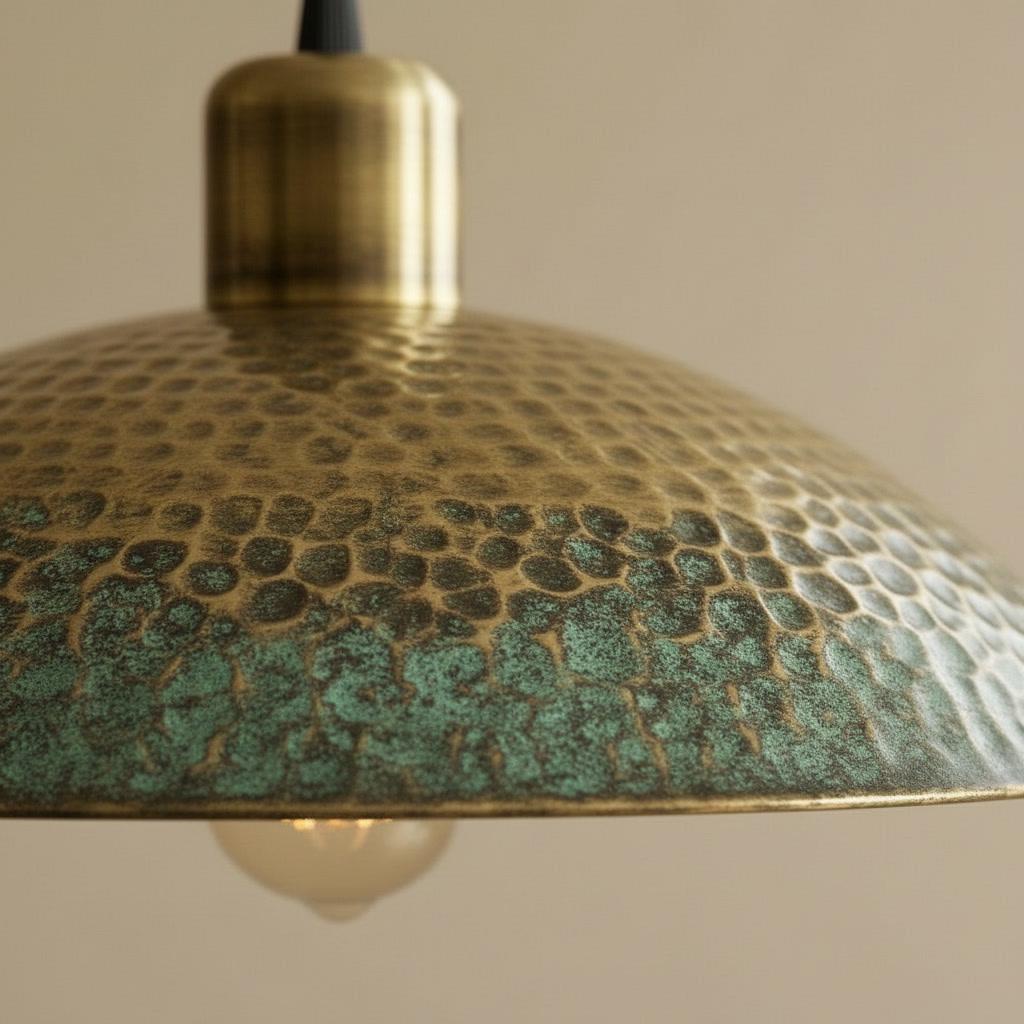 Antique Brass Pendant Light - Green Patina Hammered Dome - Rustic Kitchen Island Chandelier - Wabi Sabi Ceiling Lamp - Farmhouse Fixture
