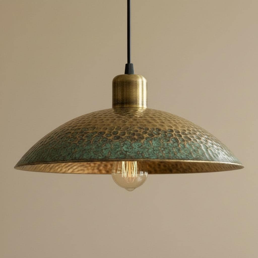 Antique Brass Pendant Light - Green Patina Hammered Dome - Rustic Kitchen Island Chandelier - Wabi Sabi Ceiling Lamp - Farmhouse Fixture