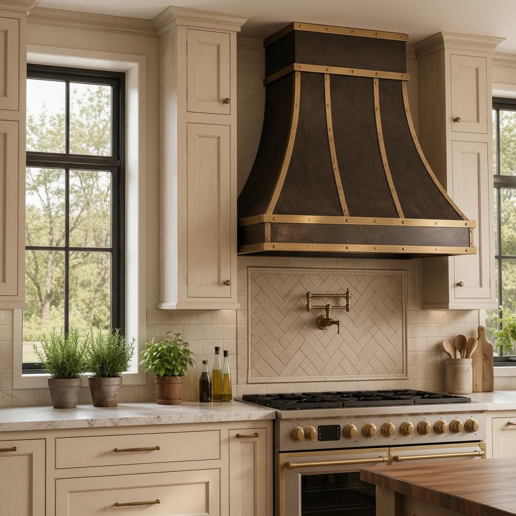 Antique Brass Range Hood, Custom Dark Brass Cooker Hood with Straps, Vintage Kitchen Vent Hood, Rustic Stove Cover, Farmhouse Exhaust