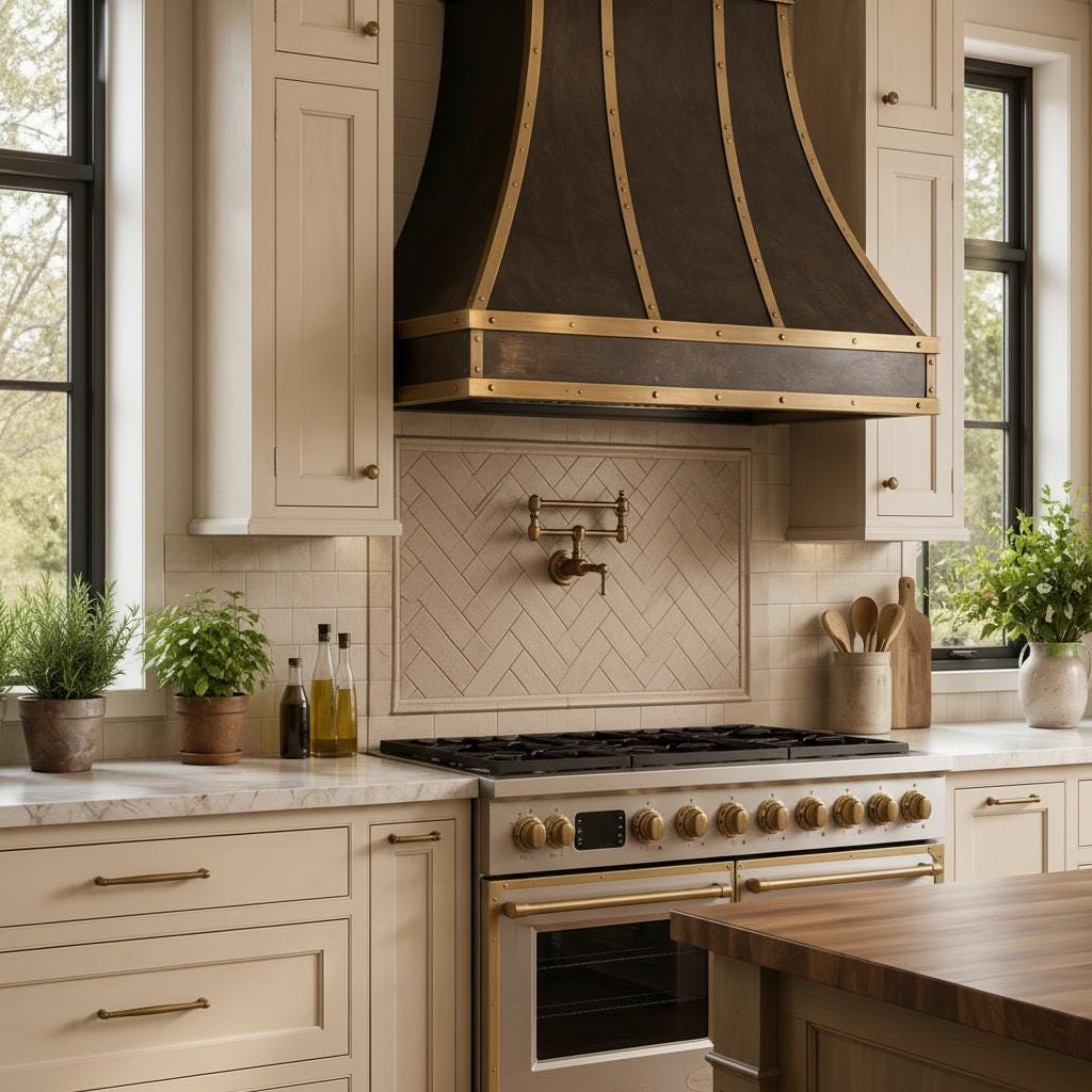 Antique Brass Range Hood, Custom Dark Brass Cooker Hood with Straps, Vintage Kitchen Vent Hood, Rustic Stove Cover, Farmhouse Exhaust