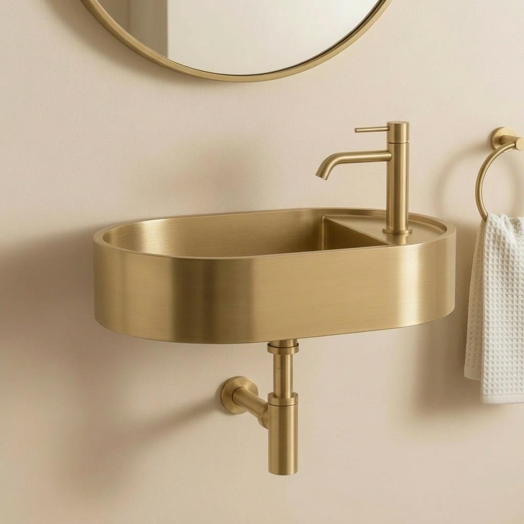 Antique Brass Sink, Wall Mounted Oval Washbasin - Minimalist Bathroom Vanity Basin, Powder Room Gold Floating Vessel Sink, Handmade Lavabo