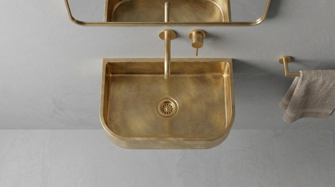 Antique Brass Sink - Wall Mounted Rectangular Basin, Custom Bathroom Vanity Washbasin - Powder Room Gold Sink, Floating Handcrafted Sink