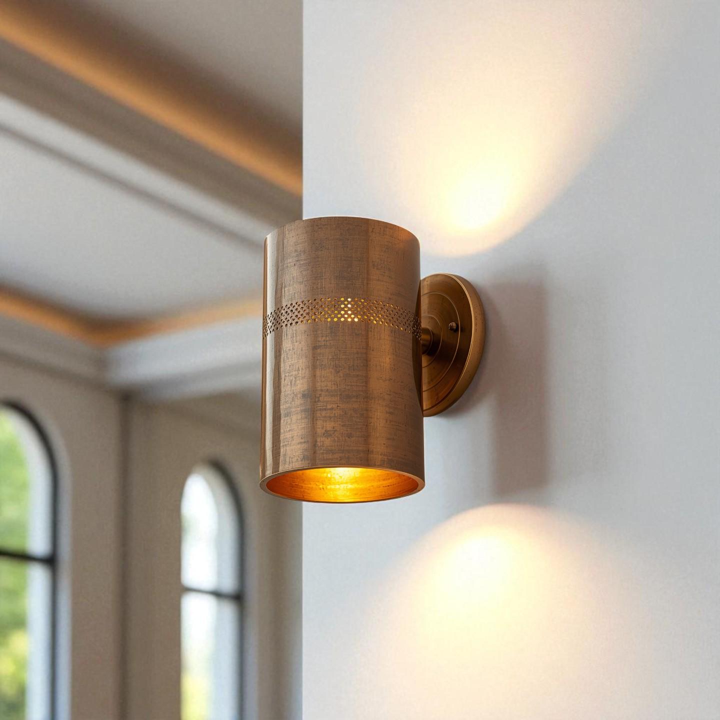 Antique Brass Wall Sconce - Perforated Cylinder Architectural Light