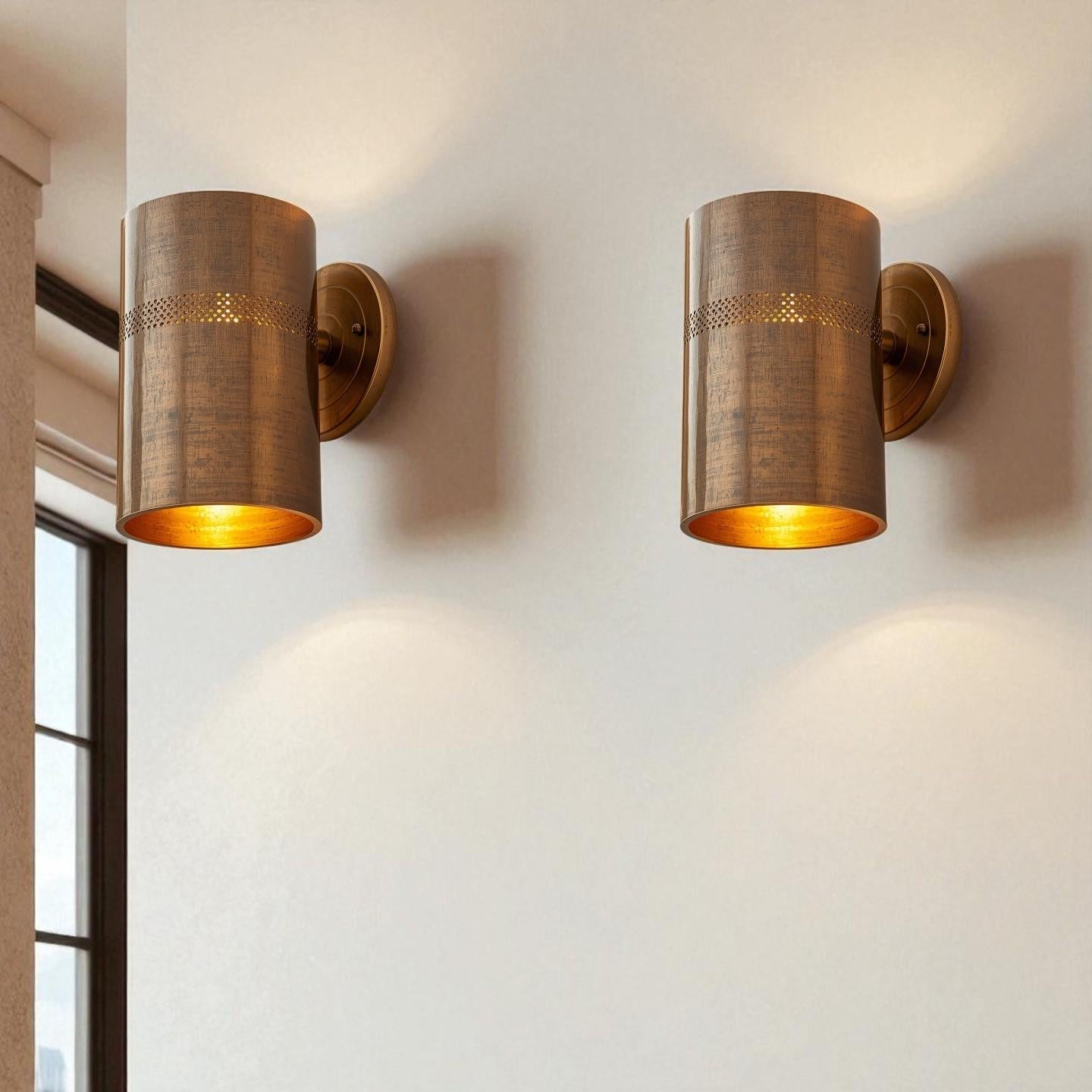 Antique Brass Wall Sconce - Perforated Cylinder Architectural Light
