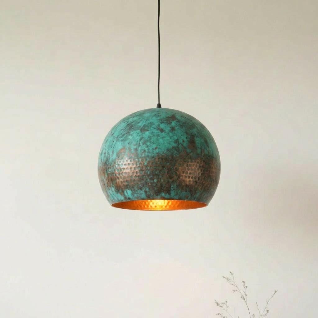 Antique Copper Hammered Pendant Light, Rustic Verdigris Hanging Lamp, Handmade Patina Ceiling Light, Kitchen Island Lighting