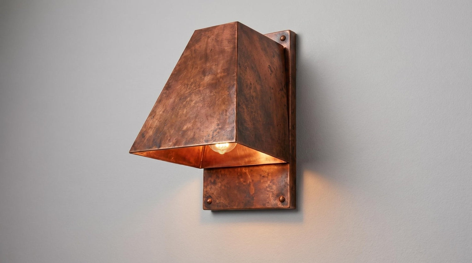 Antique Copper Outdoor Wall Sconce, Geometric Copper Wall Lamp, Industrial Exterior Lighting, Mid Century Modern Indoor Sconce