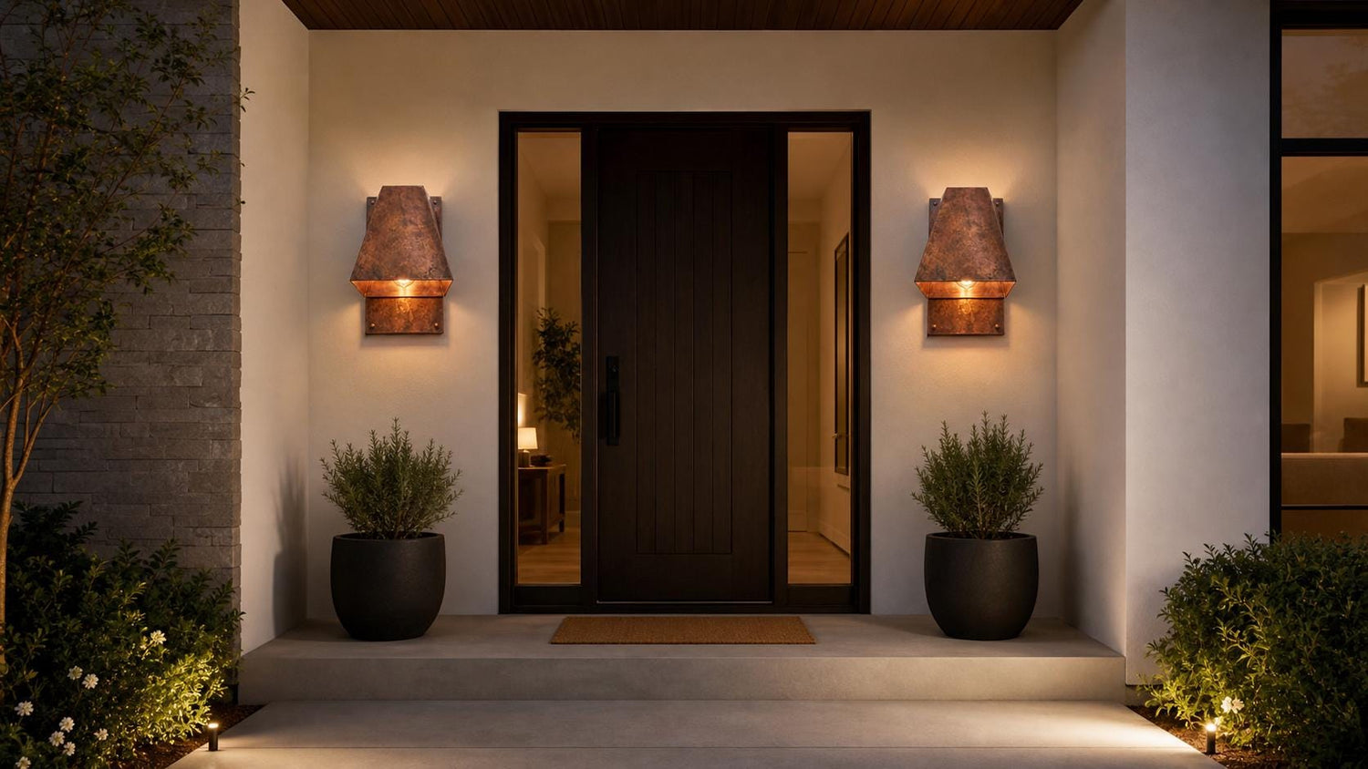 Antique Copper Outdoor Wall Sconce, Geometric Copper Wall Lamp, Industrial Exterior Lighting, Mid Century Modern Indoor Sconce