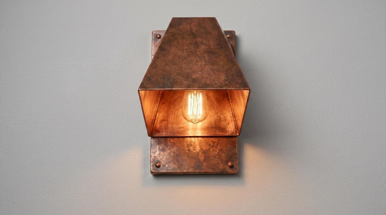 Antique Copper Outdoor Wall Sconce, Geometric Copper Wall Lamp, Industrial Exterior Lighting, Mid Century Modern Indoor Sconce