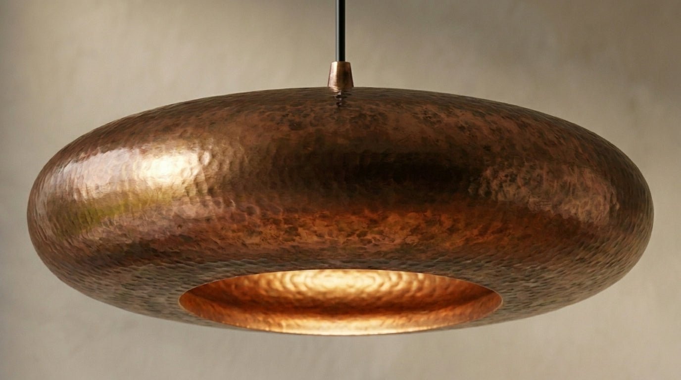 Antique Copper Oxidized Pendant Light - Hand Hammered Saucer Hanging