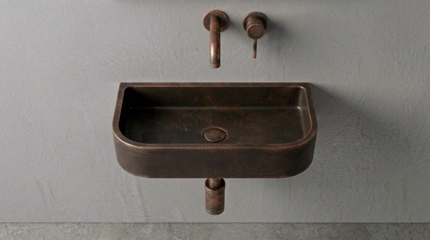 Antique Dark Copper Sink, Wall Mount Smooth Basin - Oil Rubbed Floating Washbasin, Wabi Sabi Bathroom Sink, Smooth Powder Room Sink