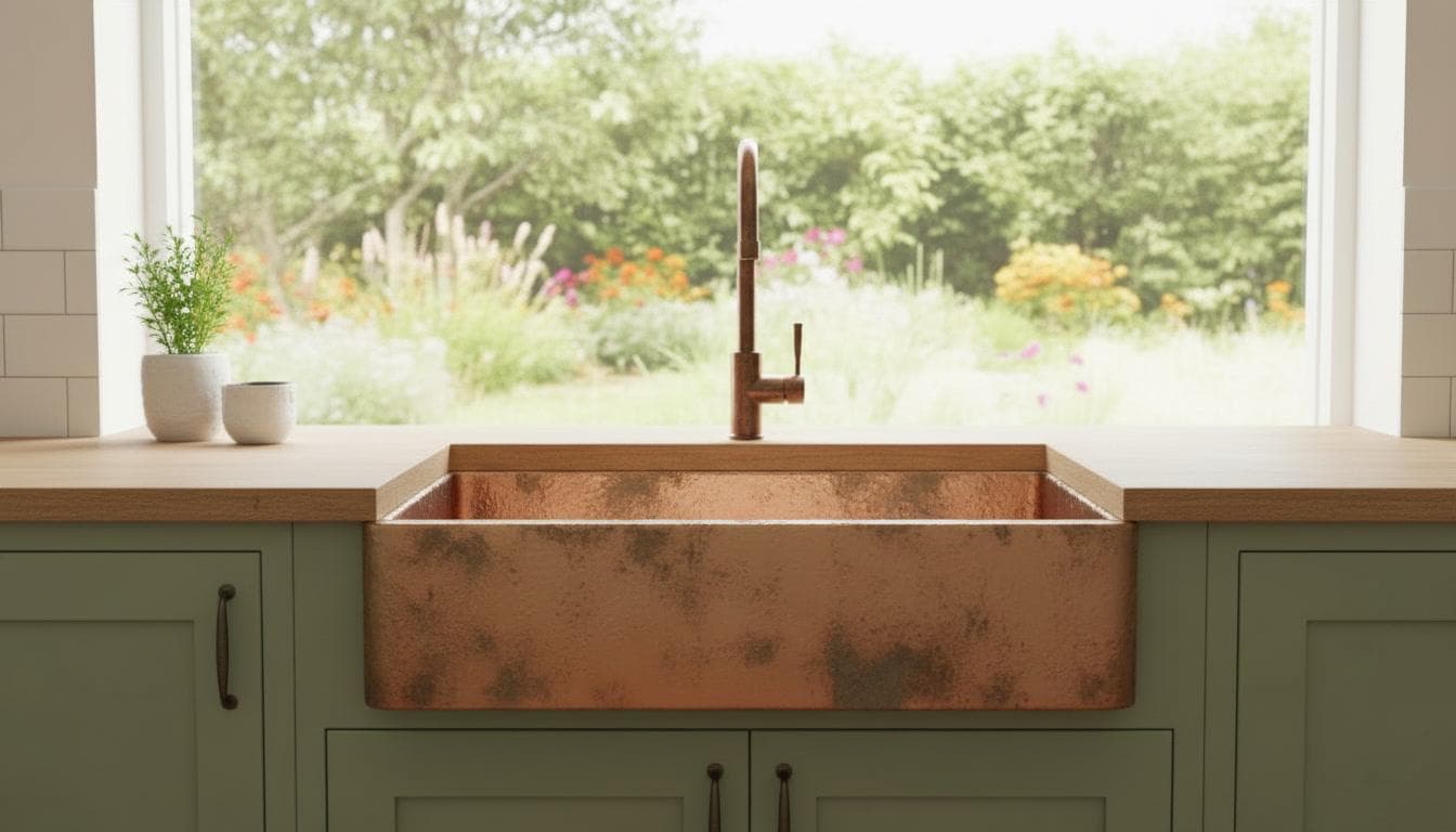 Apron Front Antique Copper Kitchen Basin - Hand-Hammered Vessel Sink
