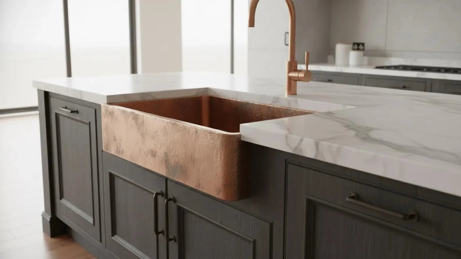 Apron Front Antique Copper Kitchen Basin - Hand-Hammered Vessel Sink