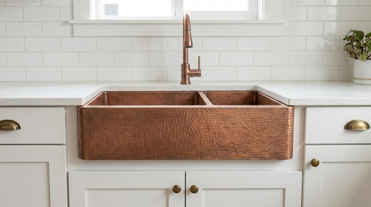 Artisan Antique Copper Kitchen Sink - Hand Hammered Double Bowl Farmhouse Basin - Rustic Apron Front Copper Sink