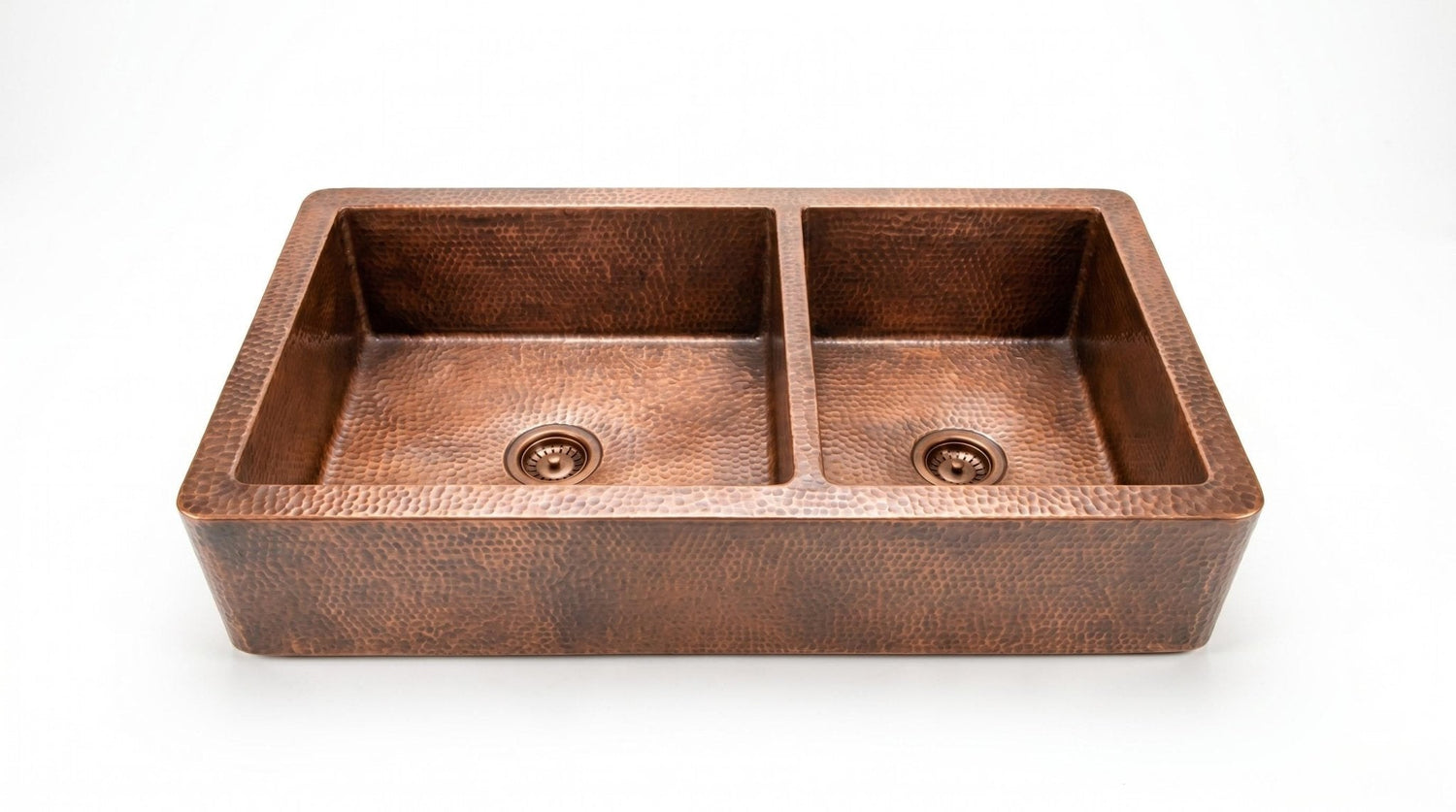Artisan Antique Copper Kitchen Sink - Hand Hammered Double Bowl Farmhouse Basin - Rustic Apron Front Copper Sink