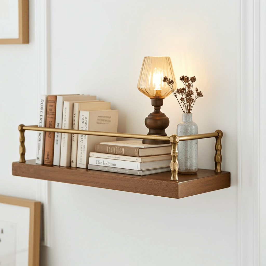 Artisanal Unlacquered Brass Gallery Rail with Shelf Guard for Bathroom and Kitchen