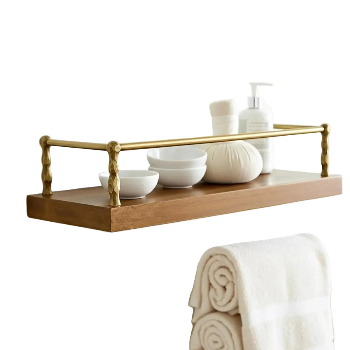 Artisanal Unlacquered Brass Gallery Rail with Shelf Guard for Bathroom and Kitchen