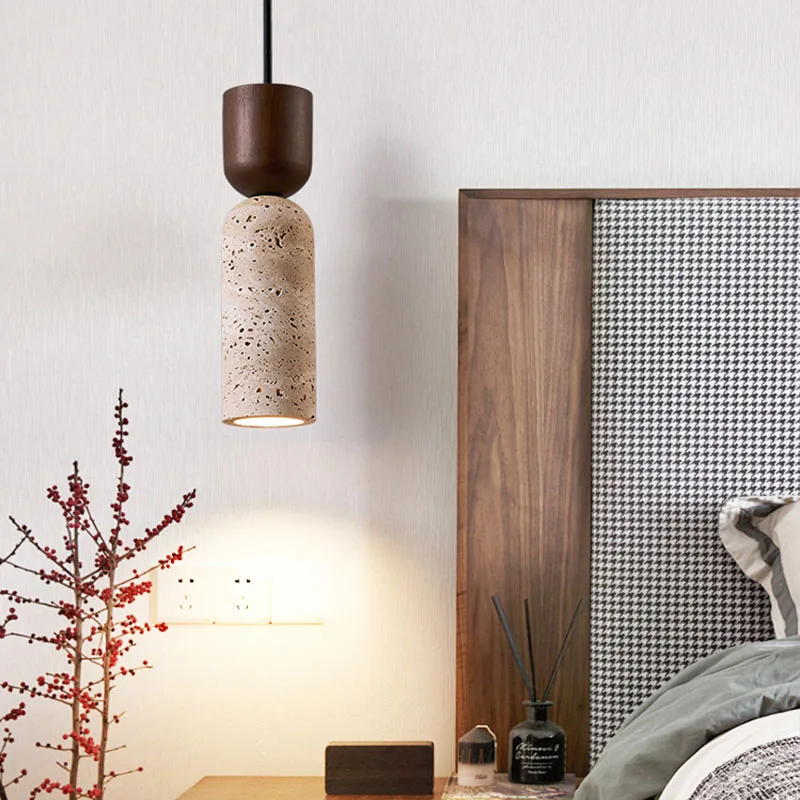 Auren Wabi Sabi Cylinder Travertine Stone and Wood Pendant Light
