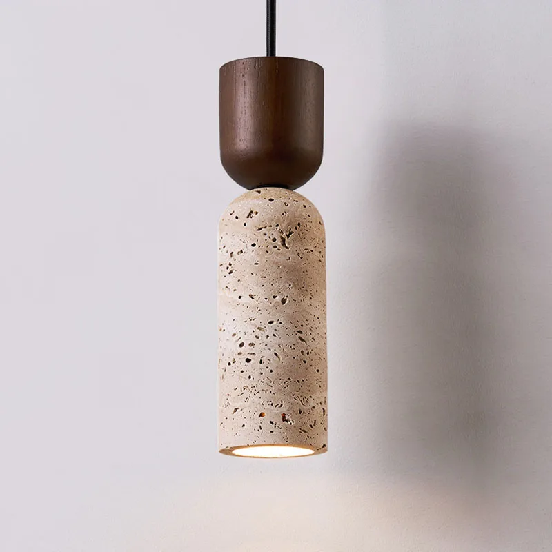 Auren Wabi Sabi Cylinder Travertine Stone and Wood Pendant Light