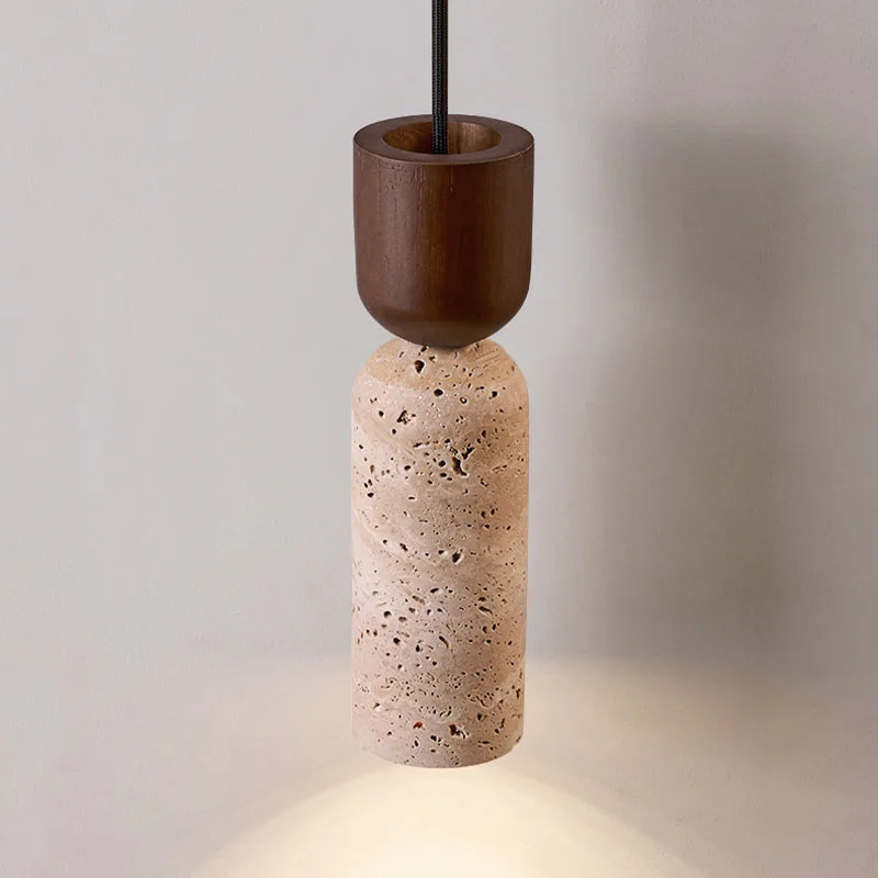 Auren Wabi Sabi Cylinder Travertine Stone and Wood Pendant Light