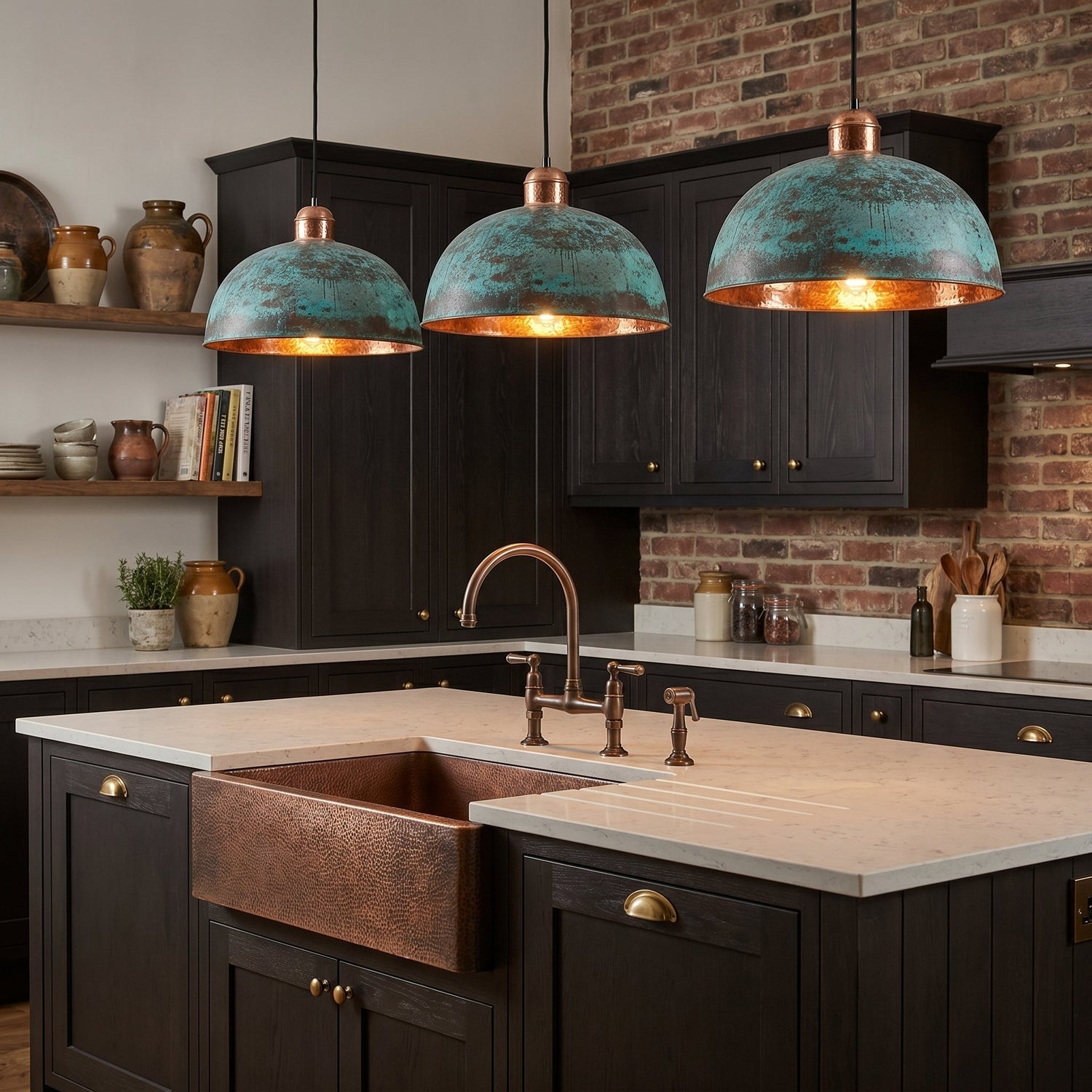 Blue Patina Copper Pendant Light - Farmhouse Dome Ceiling Lamp