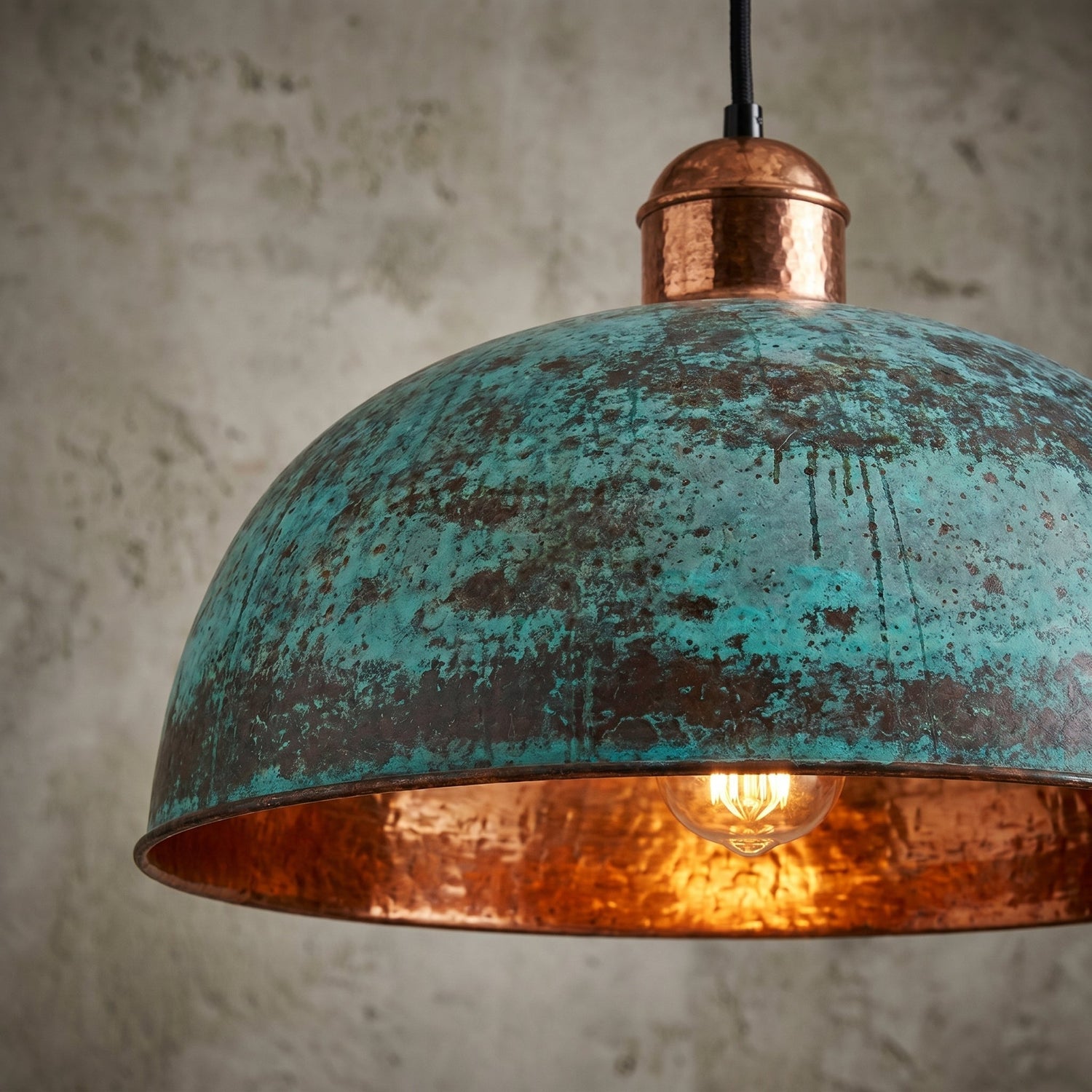 Blue Patina Copper Pendant Light - Farmhouse Dome Ceiling Lamp
