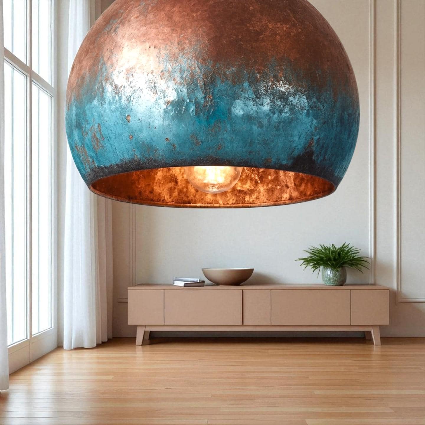 Blue Patina Copper Pendant Light: Handmade Hammered Dome Lamp