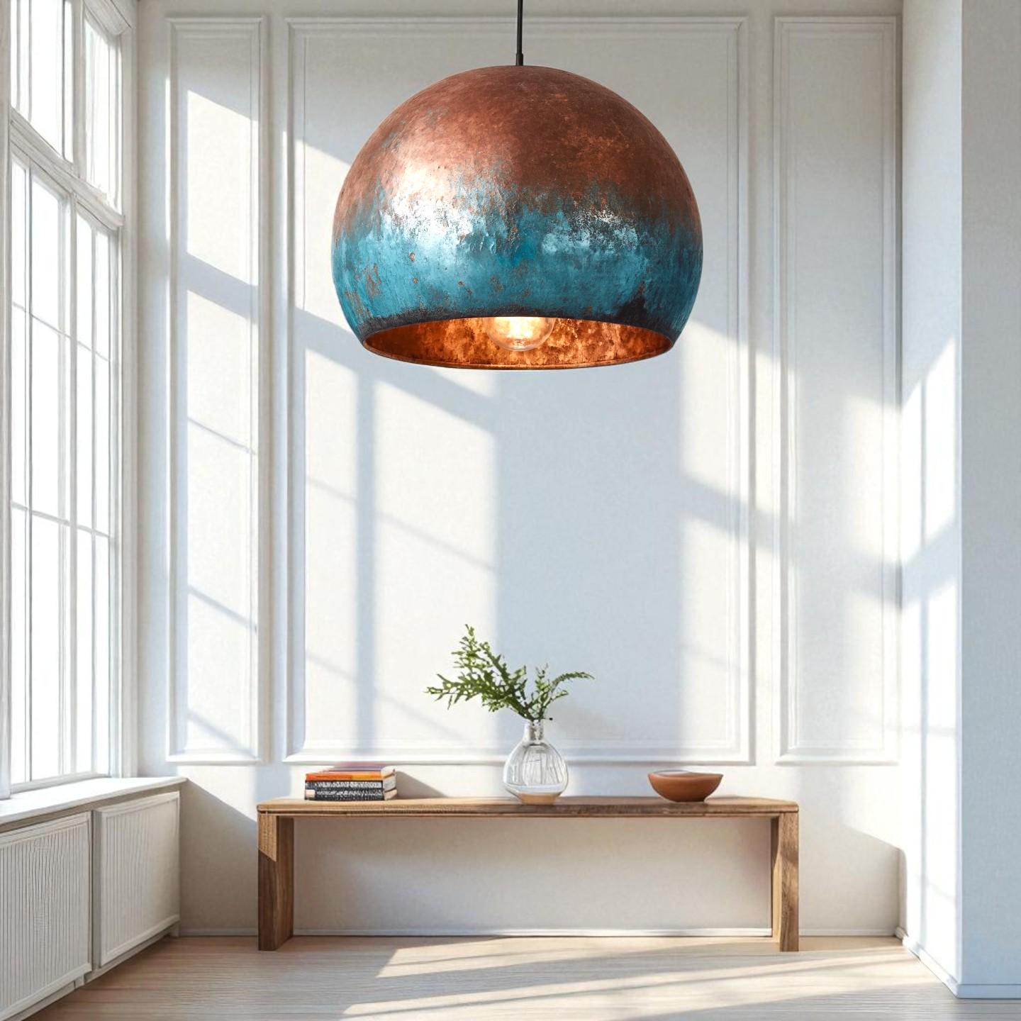 Blue Patina Copper Pendant Light: Handmade Hammered Dome Lamp