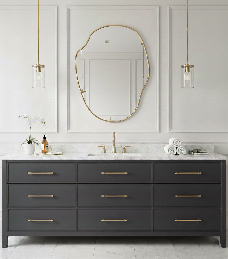 Varaudu Gold Framed Asymmetrical Mirror - Antique Brass Bathroom Mirror, Vanity Wall Decor
