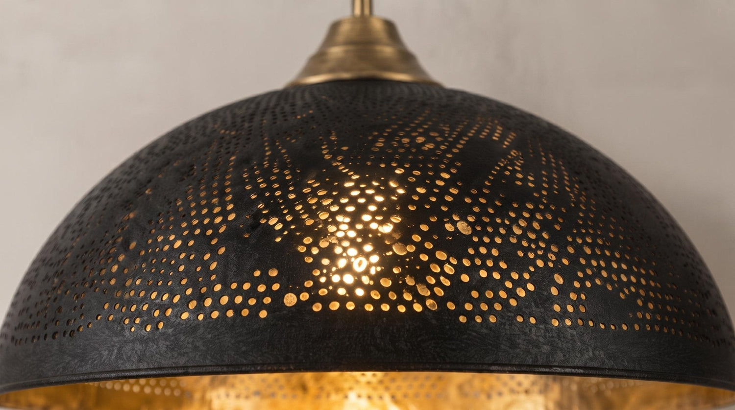 Brass Dome Ceiling Lamp, Handmade Perforated Kitchen Island Fixture, Two Tone Black Gold Pendant Light, Moody Modern Boho Hanging Light