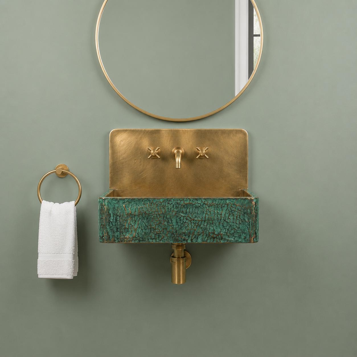 Brass Floating Sink with Green Patina, Smooth Rectangular Wall Mounted Washbasin, Vintage Industrial Rustic Vanity